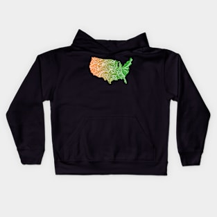 Colorful mandala art map of the United States of America in green and orange Kids Hoodie